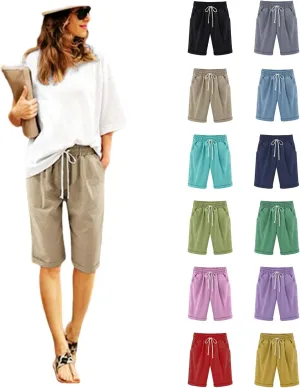 Bermuda Shorts for Women Knee Length Plus Size High Waisted Linen Shorts Summer Casual Drawstring Beach Outfits
