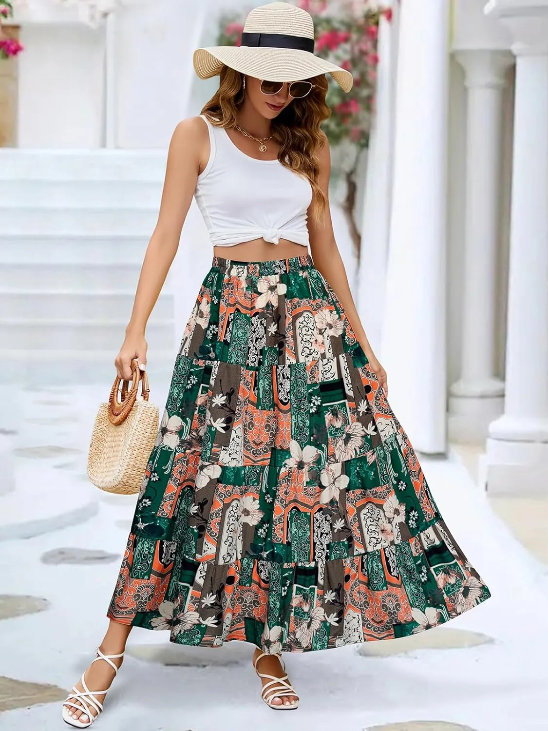 Berydress Long Skirts for Women Trendy Elastic Waist Flowy Summer Ankle Length Boho Flared A Line Tiered Maxi Skirt