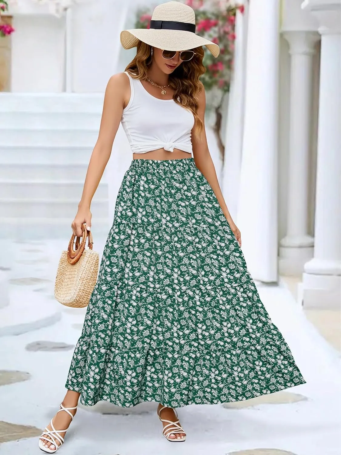 Berydress Long Skirts for Women Trendy Elastic Waist Flowy Summer Ankle Length Boho Flared A Line Tiered Maxi Skirt