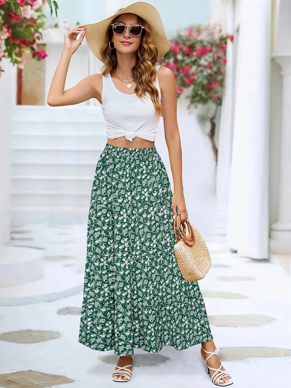 Berydress Long Skirts for Women Trendy Elastic Waist Flowy Summer Ankle Length Boho Flared A Line Tiered Maxi Skirt