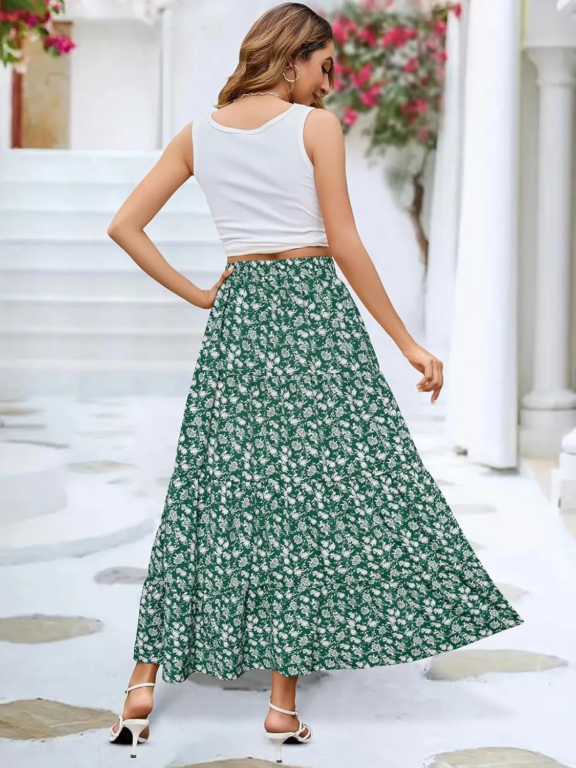 Berydress Long Skirts for Women Trendy Elastic Waist Flowy Summer Ankle Length Boho Flared A Line Tiered Maxi Skirt