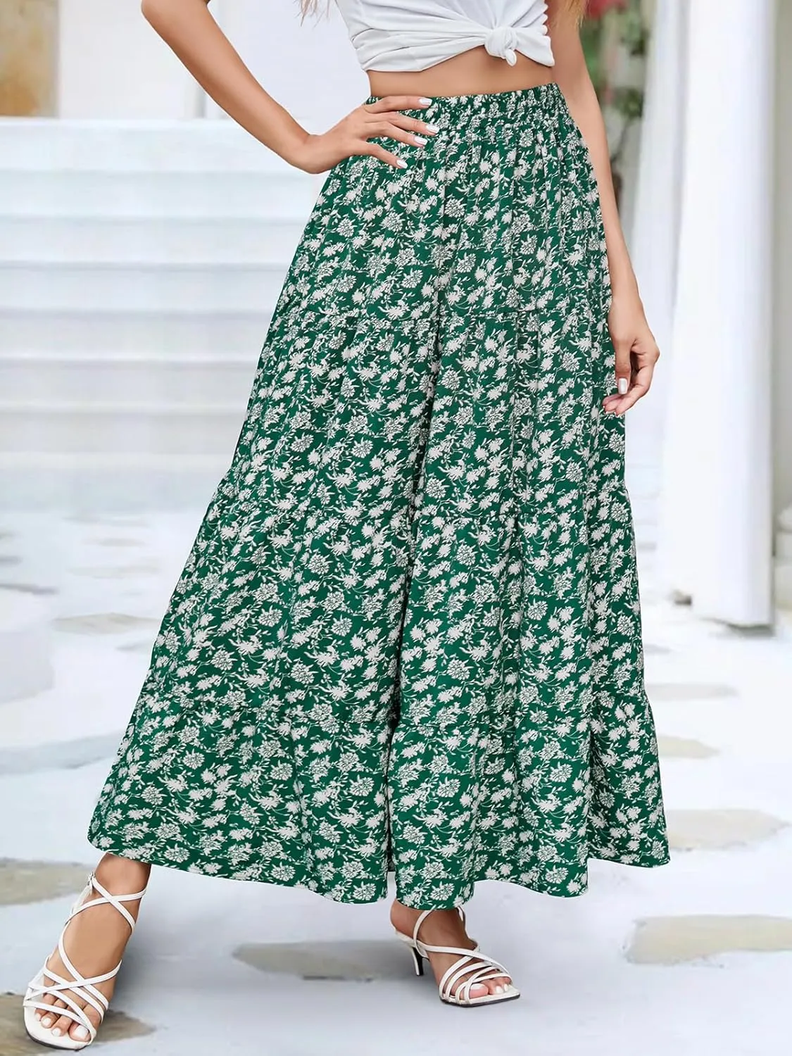 Berydress Long Skirts for Women Trendy Elastic Waist Flowy Summer Ankle Length Boho Flared A Line Tiered Maxi Skirt