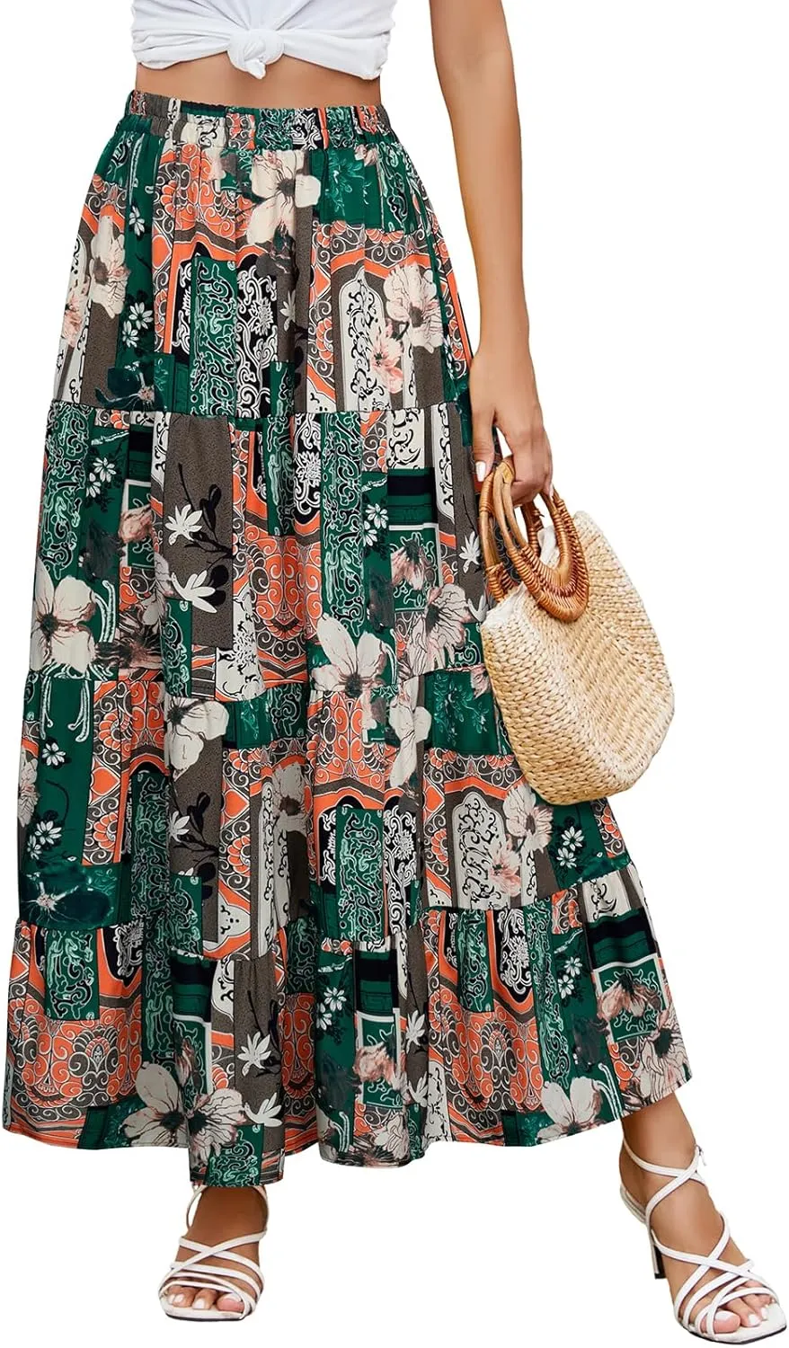 Berydress Long Skirts for Women Trendy Elastic Waist Flowy Summer Ankle Length Boho Flared A Line Tiered Maxi Skirt
