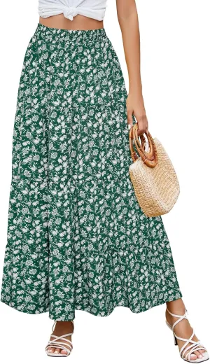 Berydress Long Skirts for Women Trendy Elastic Waist Flowy Summer Ankle Length Boho Flared A Line Tiered Maxi Skirt