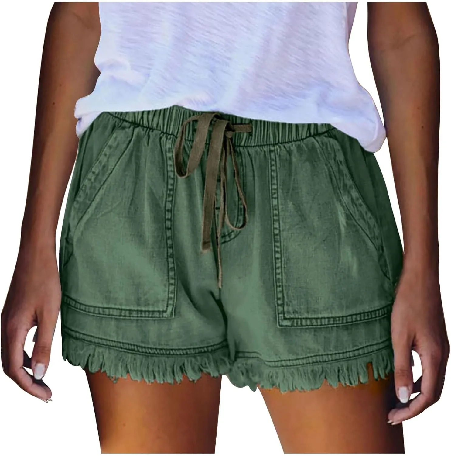 Binmer Womens Casual Drawstring Shorts Faux Denim Tassel Hem Lightweight Comfy Summer Elastic Waist Shorts Jeans with Pockets