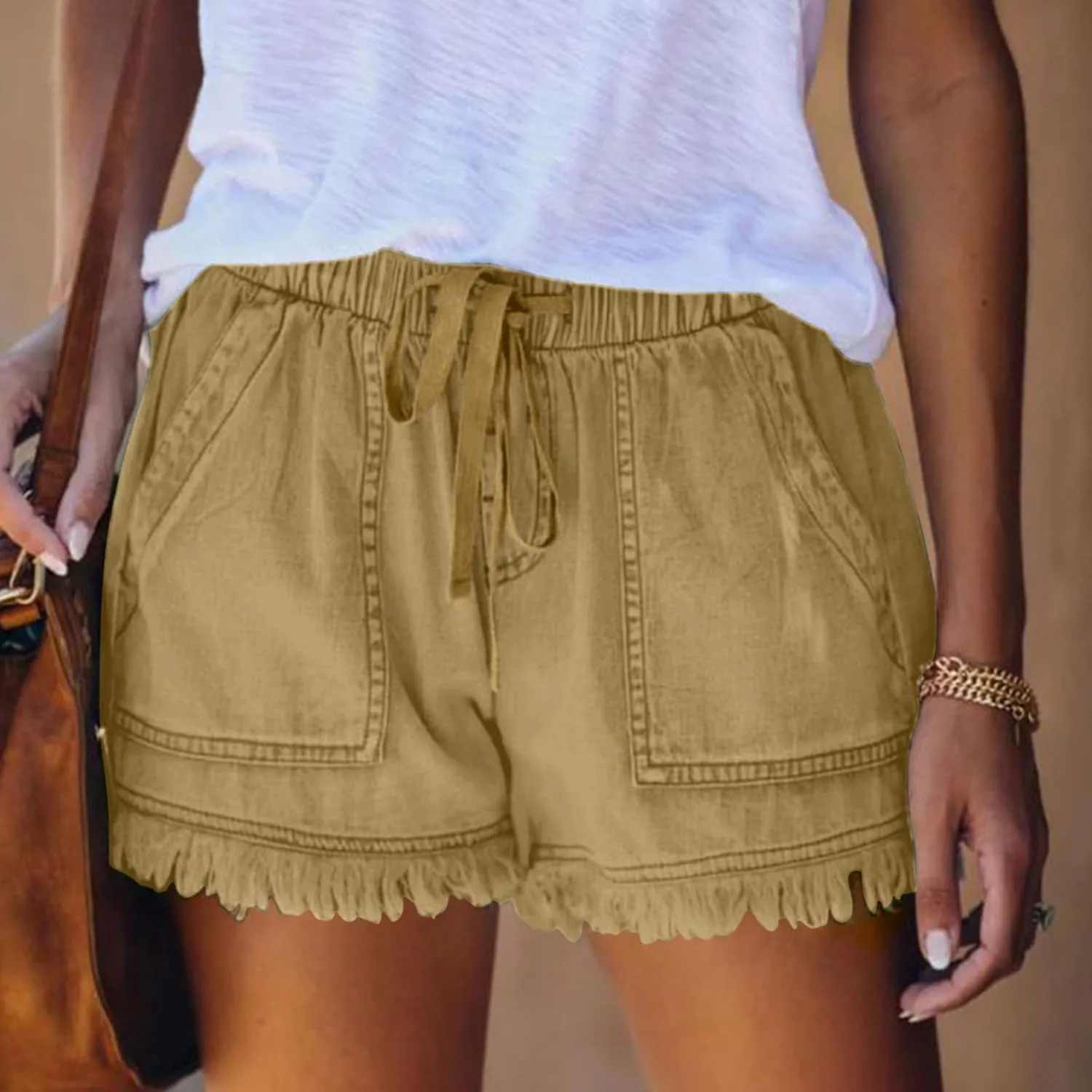 Binmer Womens Casual Drawstring Shorts Faux Denim Tassel Hem Lightweight Comfy Summer Elastic Waist Shorts Jeans with Pockets