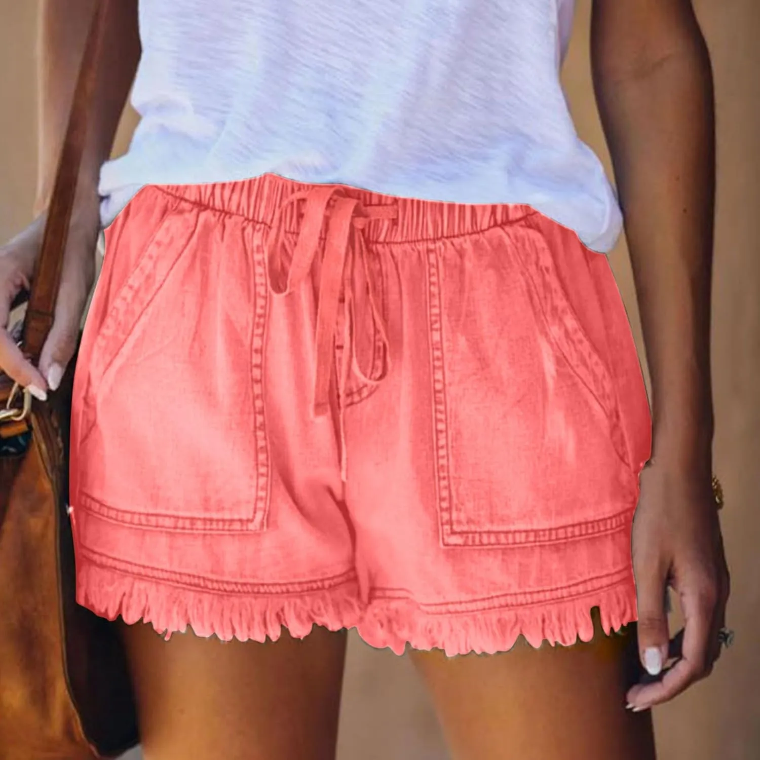 Binmer Womens Casual Drawstring Shorts Faux Denim Tassel Hem Lightweight Comfy Summer Elastic Waist Shorts Jeans with Pockets