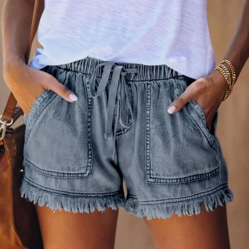Binmer Womens Casual Drawstring Shorts Faux Denim Tassel Hem Lightweight Comfy Summer Elastic Waist Shorts Jeans with Pockets
