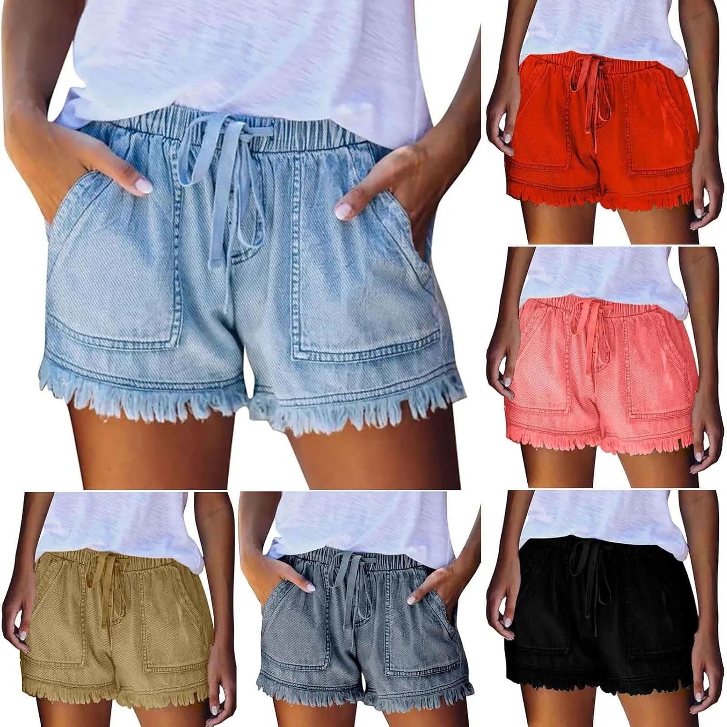 Binmer Womens Casual Drawstring Shorts Faux Denim Tassel Hem Lightweight Comfy Summer Elastic Waist Shorts Jeans with Pockets