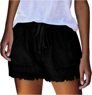 Binmer Womens Casual Drawstring Shorts Faux Denim Tassel Hem Lightweight Comfy Summer Elastic Waist Shorts Jeans with Pockets