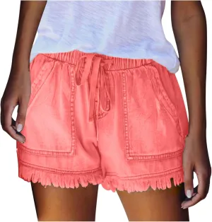 Binmer Womens Casual Drawstring Shorts Faux Denim Tassel Hem Lightweight Comfy Summer Elastic Waist Shorts Jeans with Pockets