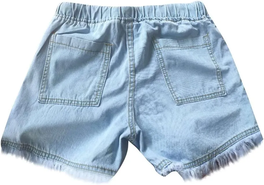 Binmer Womens Casual Drawstring Shorts Faux Denim Tassel Hem Lightweight Comfy Summer Elastic Waist Shorts Jeans with Pockets