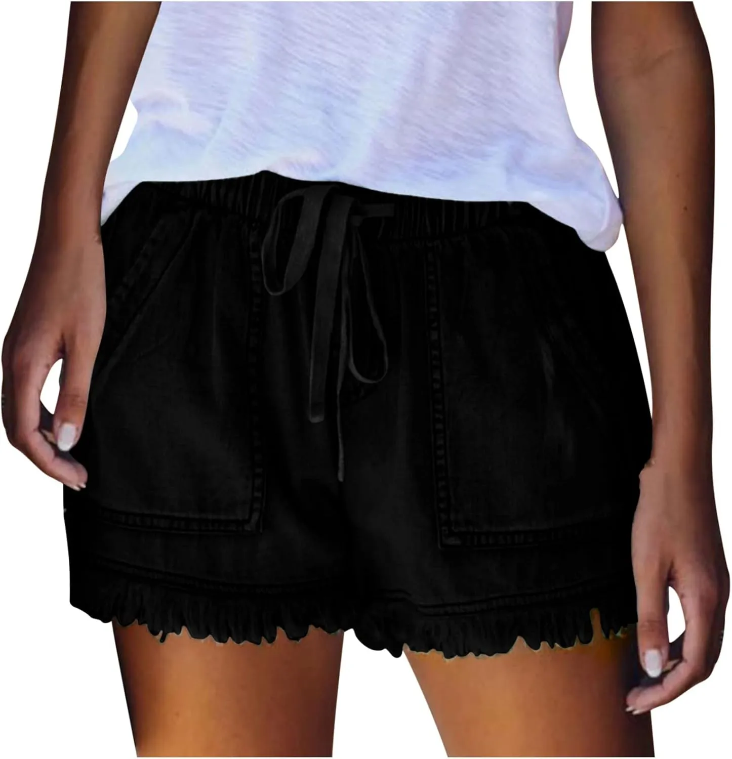 Binmer Womens Casual Drawstring Shorts Faux Denim Tassel Hem Lightweight Comfy Summer Elastic Waist Shorts Jeans with Pockets