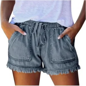 Binmer Womens Casual Drawstring Shorts Faux Denim Tassel Hem Lightweight Comfy Summer Elastic Waist Shorts Jeans with Pockets