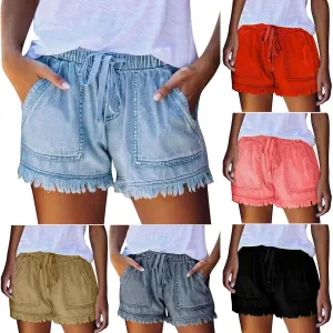 Binmer Womens Casual Drawstring Shorts Faux Denim Tassel Hem Lightweight Comfy Summer Elastic Waist Shorts Jeans with Pockets