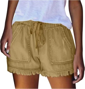 Binmer Womens Casual Drawstring Shorts Faux Denim Tassel Hem Lightweight Comfy Summer Elastic Waist Shorts Jeans with Pockets