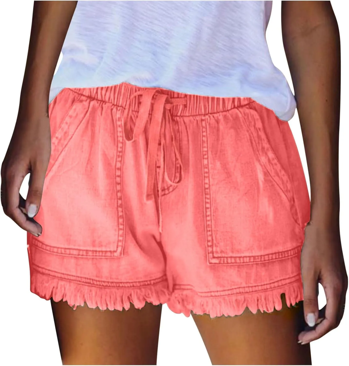Binmer Womens Casual Drawstring Shorts Faux Denim Tassel Hem Lightweight Comfy Summer Elastic Waist Shorts Jeans with Pockets