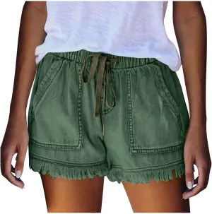 Binmer Womens Casual Drawstring Shorts Faux Denim Tassel Hem Lightweight Comfy Summer Elastic Waist Shorts Jeans with Pockets