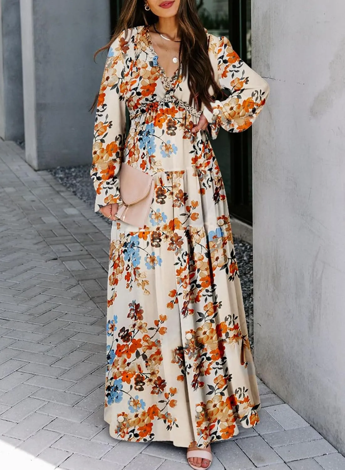 BLENCOT Womens Casual Boho Deep V Neck Short Sleeve Long Dress
