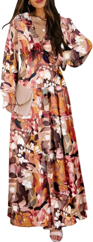 BLENCOT Womens Casual Boho Deep V Neck Short Sleeve Long Dress