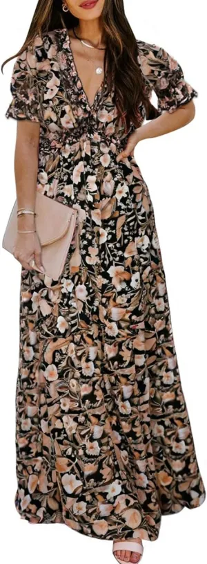 BLENCOT Womens Casual Boho Floral Printed V Neck Short Sleeve Long Evening Dress Ruched Cocktail Party Maxi Wedding Dress