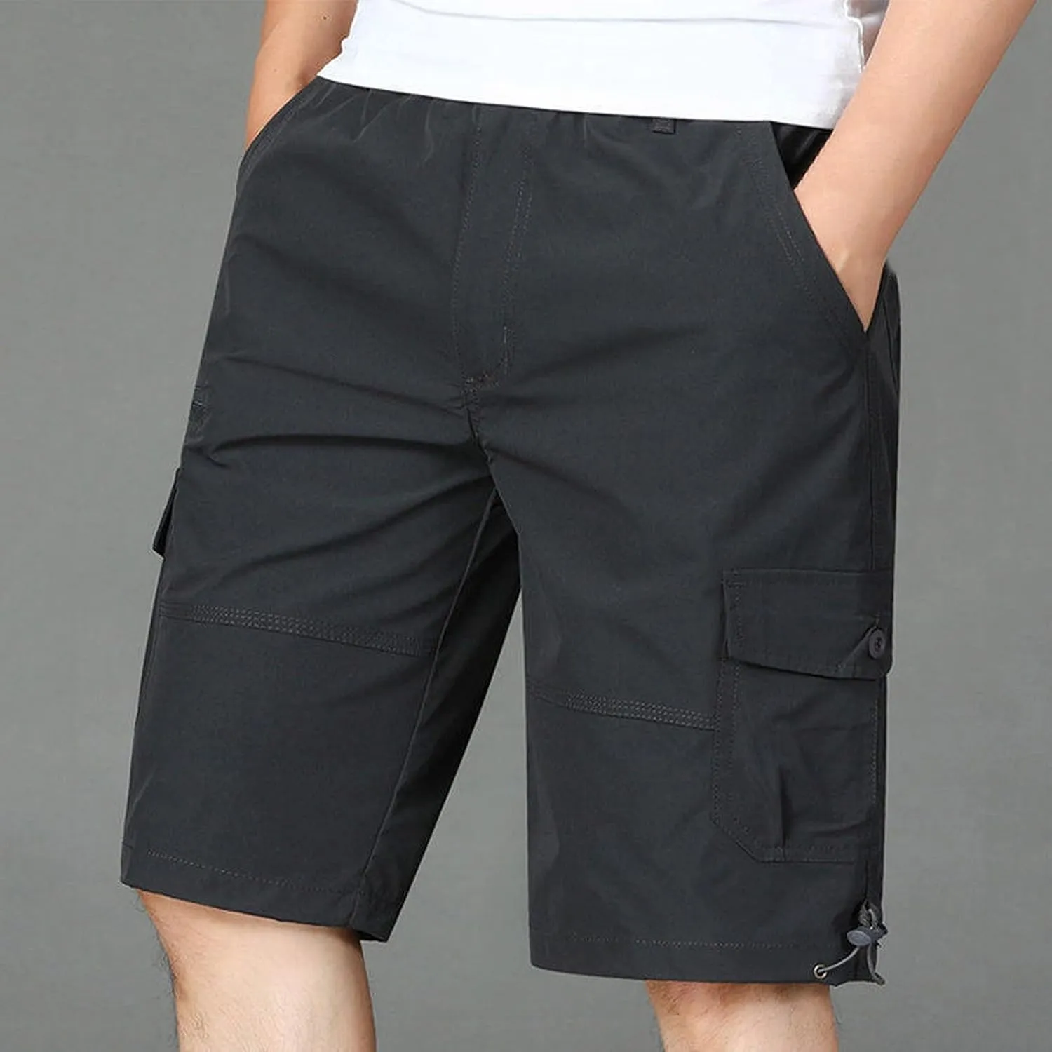 Cargo Shorts for Men Casual Multiple Pockets Solid Color Short Pants Slim Flowy Comfy Leisure Hiking Half Pants