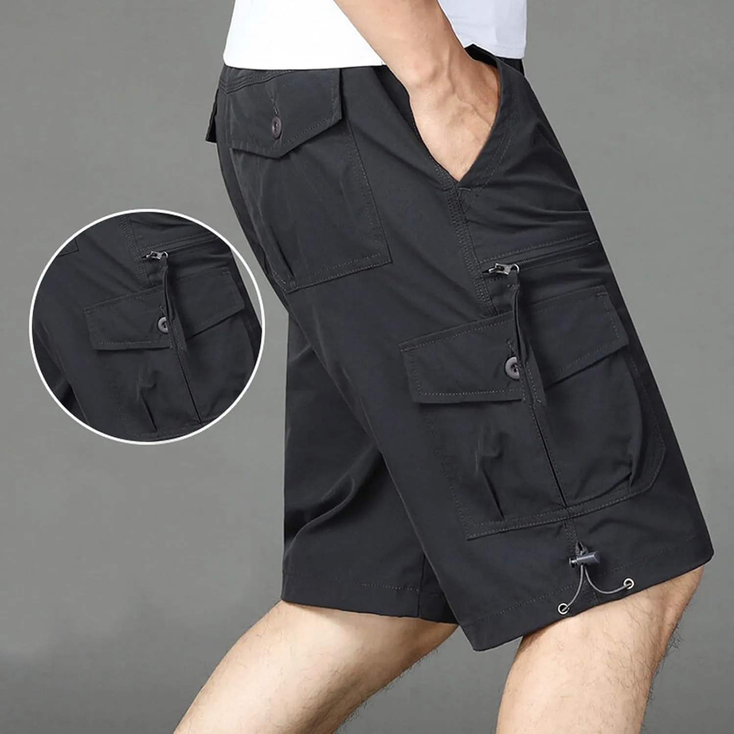 Cargo Shorts for Men Casual Multiple Pockets Solid Color Short Pants Slim Flowy Comfy Leisure Hiking Half Pants