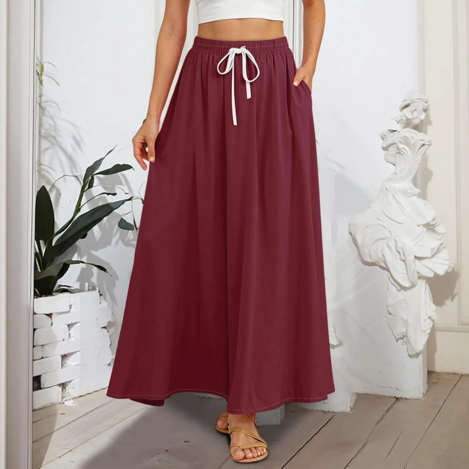 Casual Maxi Skirt for Women Summer Drawstring Elastic High Waisted A-Line Skirts Swing Ruffle Long Beach with Pockets