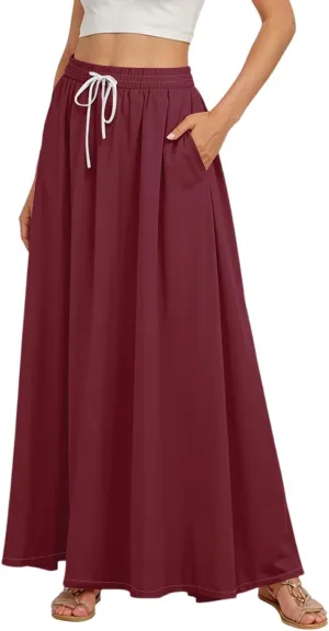 Casual Maxi Skirt for Women Summer Drawstring Elastic High Waisted A-Line Skirts Swing Ruffle Long Beach with Pockets