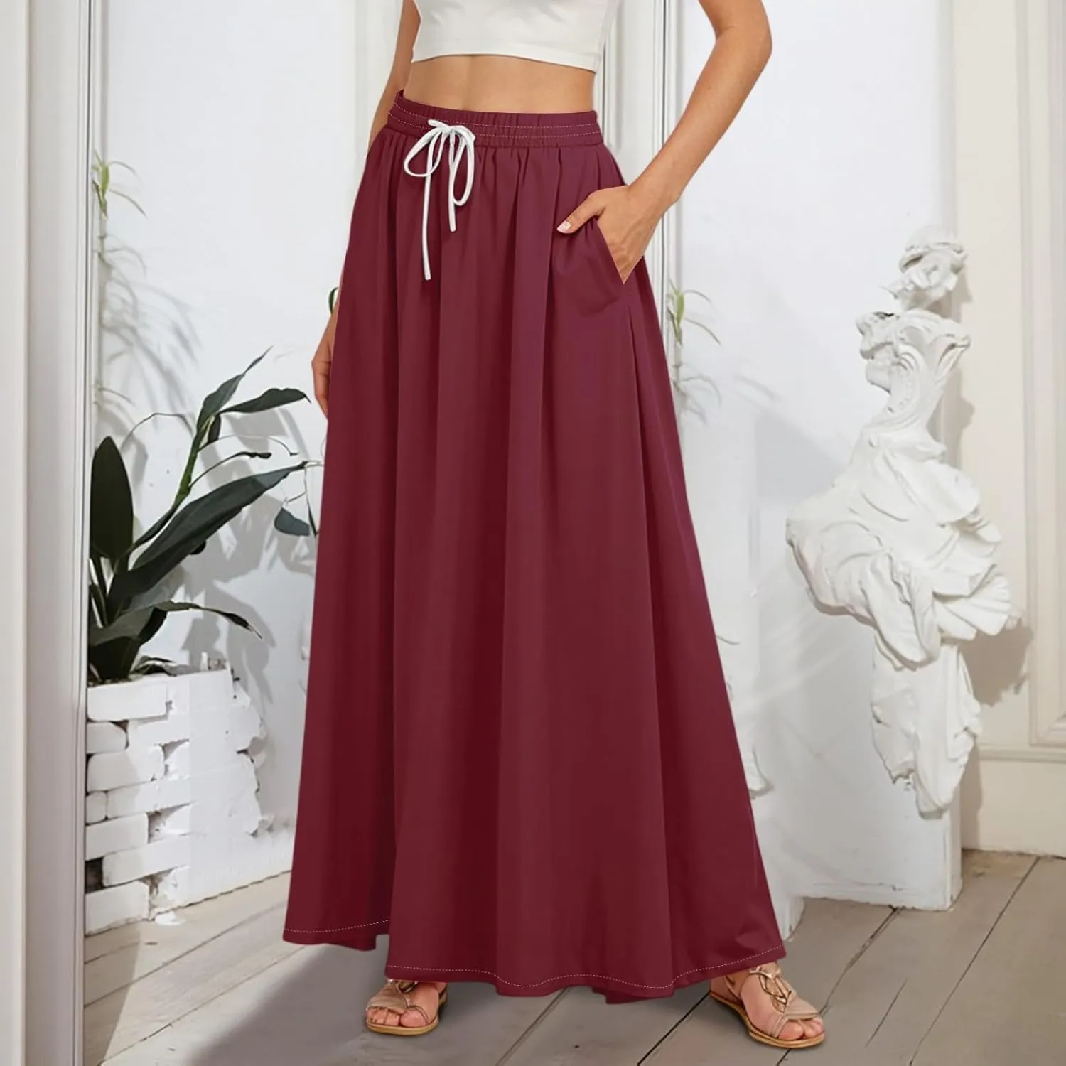 Casual Maxi Skirt for Women Summer Drawstring Elastic High Waisted A-Line Skirts Swing Ruffle Long Beach with Pockets