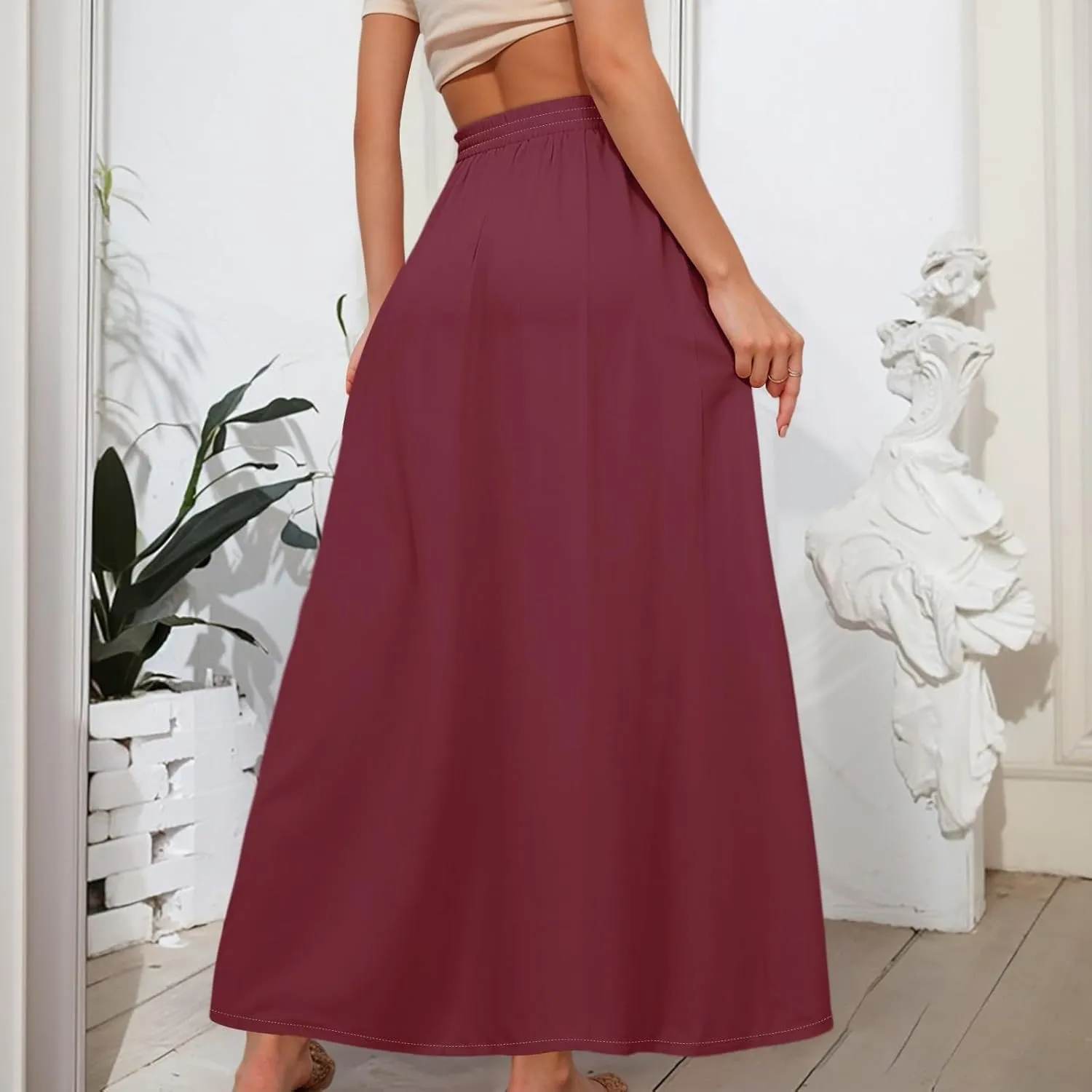 Casual Maxi Skirt for Women Summer Drawstring Elastic High Waisted A-Line Skirts Swing Ruffle Long Beach with Pockets