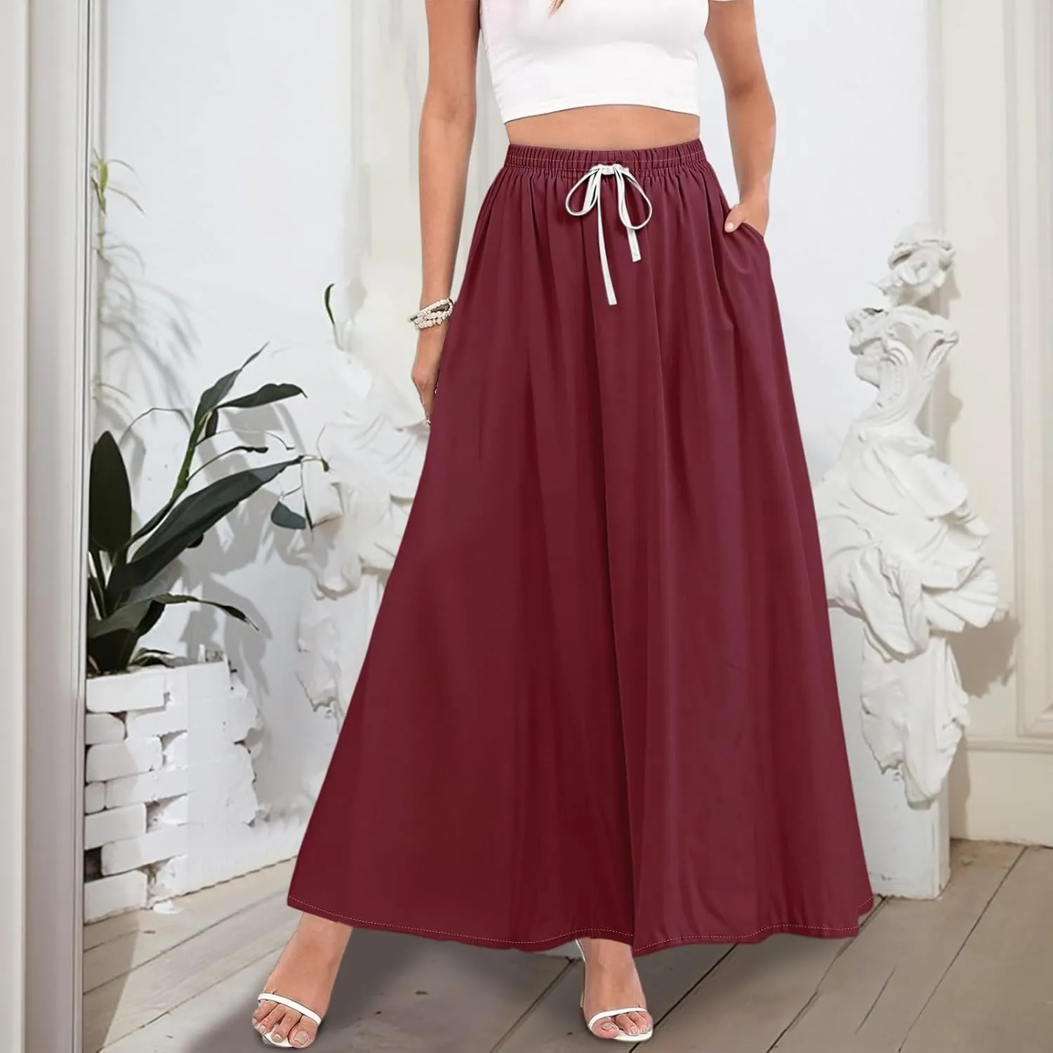 Casual Maxi Skirt for Women Summer Drawstring Elastic High Waisted A-Line Skirts Swing Ruffle Long Beach with Pockets