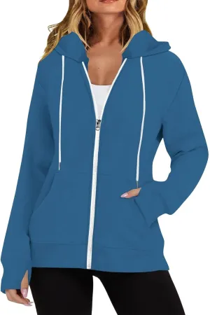 Casual Oversized Hoodies for Women Full Zip Long Sleeve Athletic Hooded Jackets 2024 Fall Drawstring Sweatshirts Tops