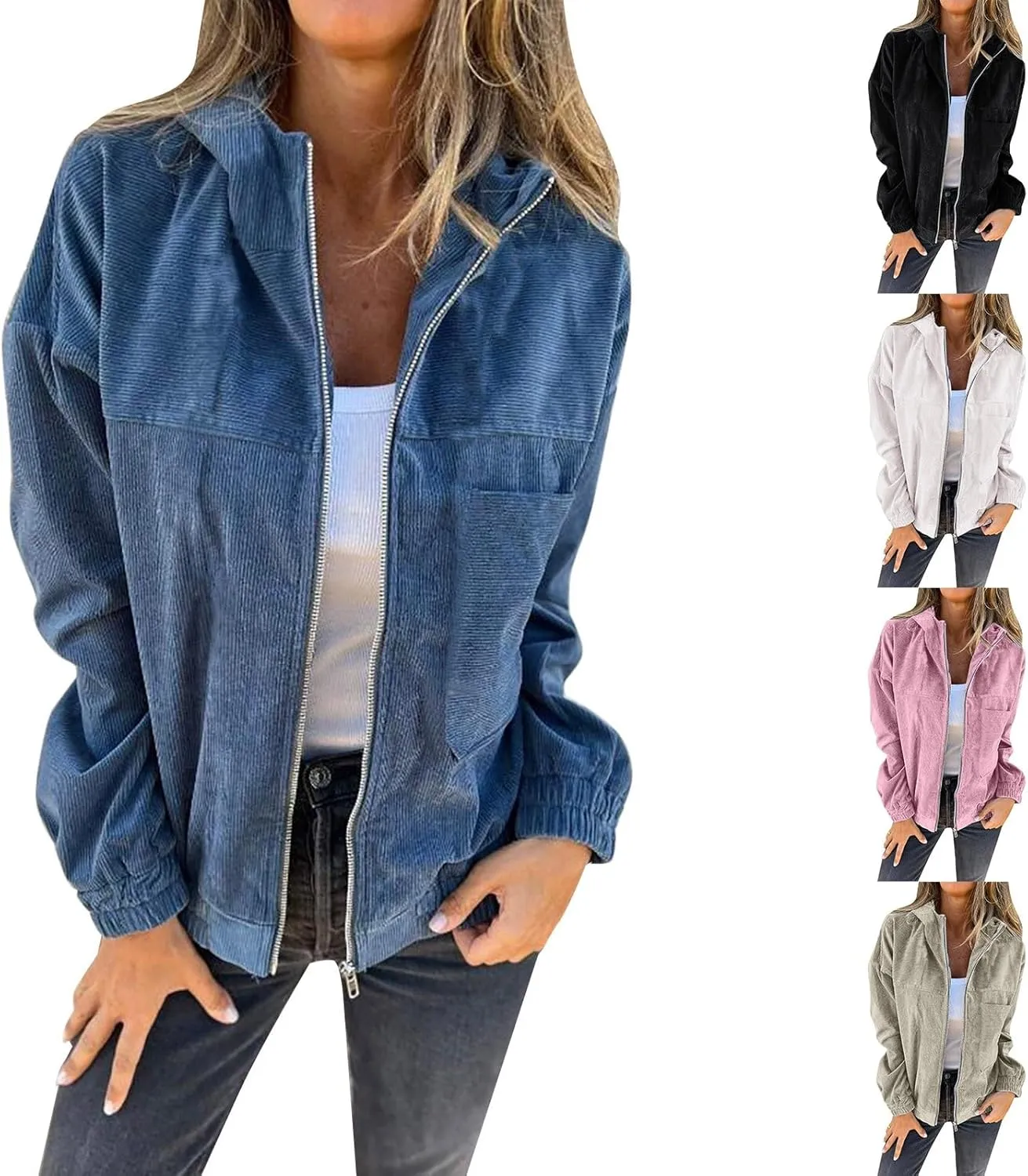 Casual Oversized Shacket Jacket for Women Corduroy Long Sleeve Zip Up Hoodies Hooded Jackets with Pocket Coat Outwear