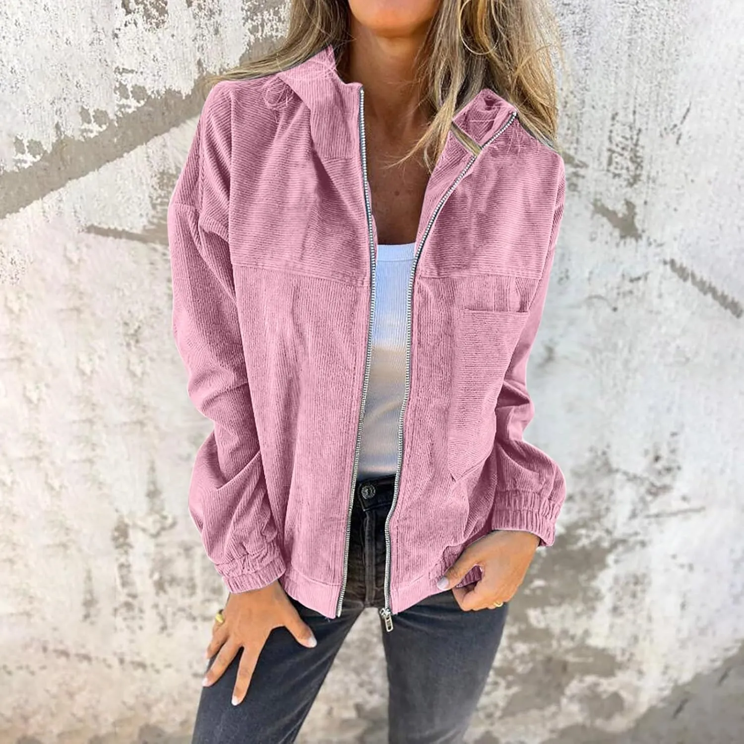 Casual Oversized Shacket Jacket for Women Corduroy Long Sleeve Zip Up Hoodies Hooded Jackets with Pocket Coat Outwear