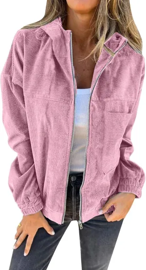 Casual Oversized Shacket Jacket for Women Corduroy Long Sleeve Zip Up Hoodies Hooded Jackets with Pocket Coat Outwear