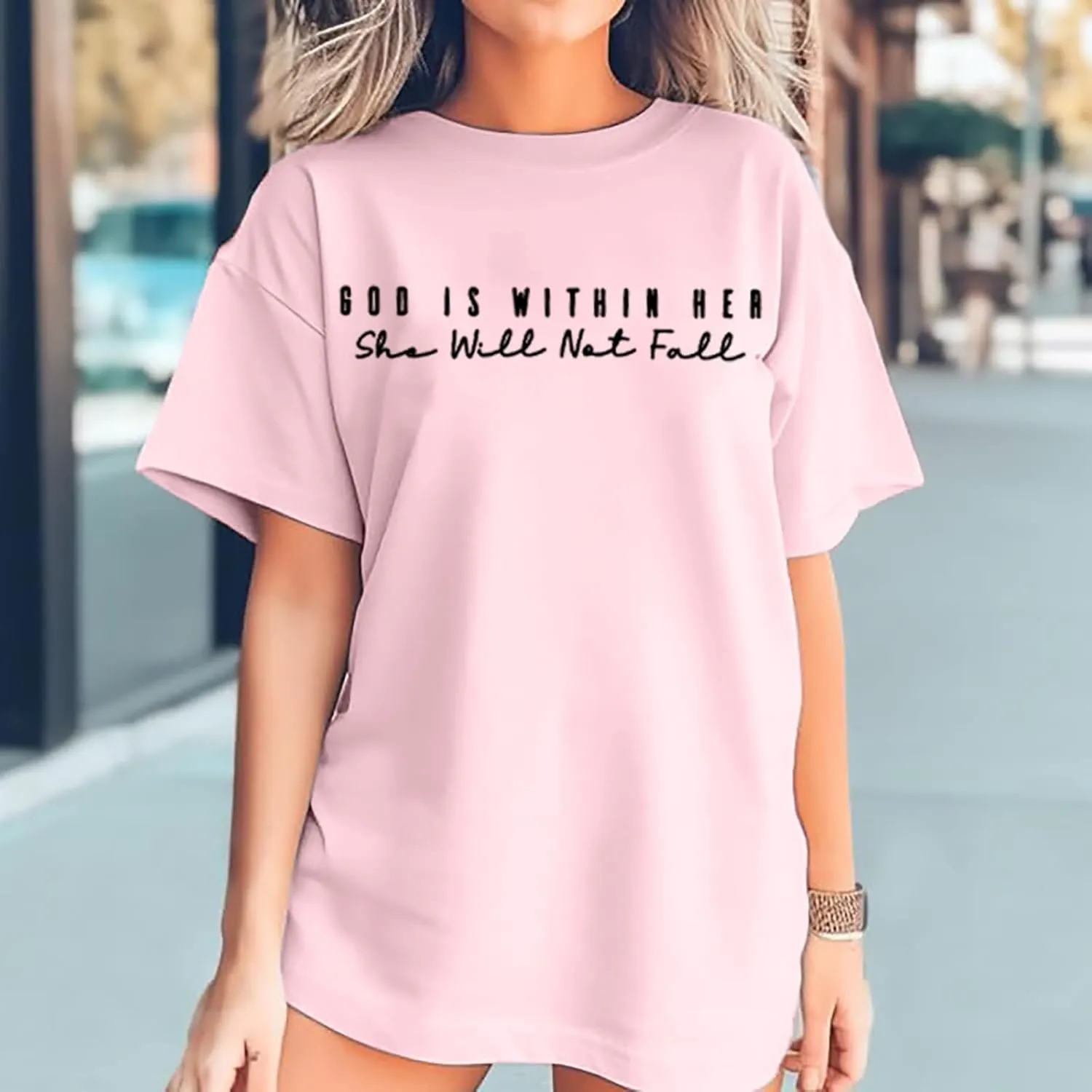 Christian Shirts for Women Oversized God Bible Verse Shirt Faith Jesus Tshirts God is Within Her She Will Not Fall