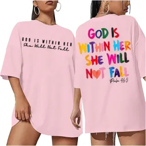 Christian Shirts for Women Oversized God Bible Verse Shirt Faith Jesus Tshirts God is Within Her She Will Not Fall