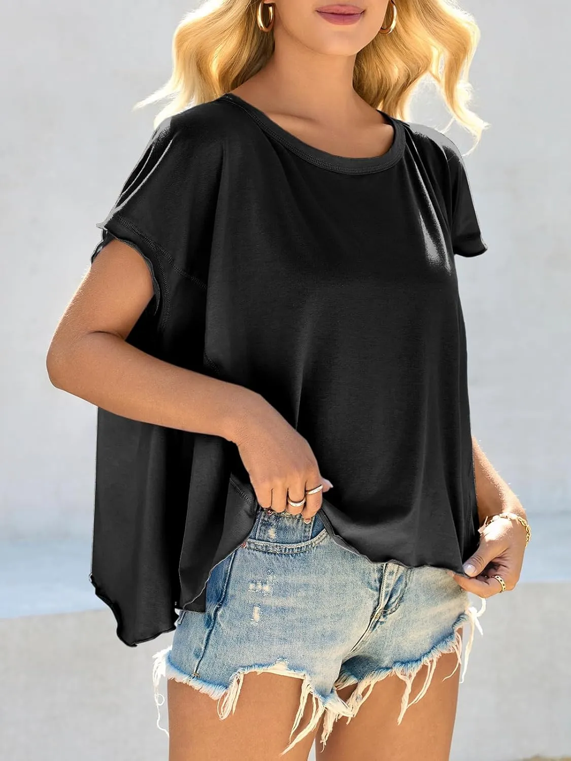 Cicy Bell Women Oversized Batwing Short Sleeve Tops Summer Irregular Hem Casual T Shirts Loose Fit Tees