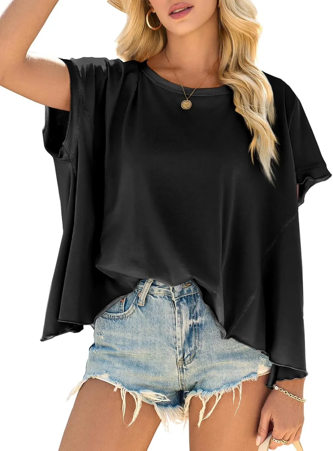Cicy Bell Women Oversized Batwing Short Sleeve Tops Summer Irregular Hem Casual T Shirts Loose Fit Tees