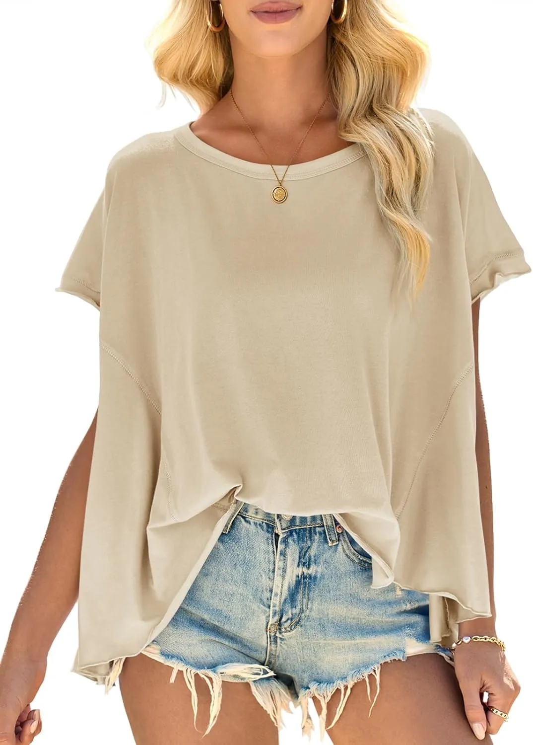 Cicy Bell Women Oversized Batwing Short Sleeve Tops Summer Irregular Hem Casual T Shirts Loose Fit Tees
