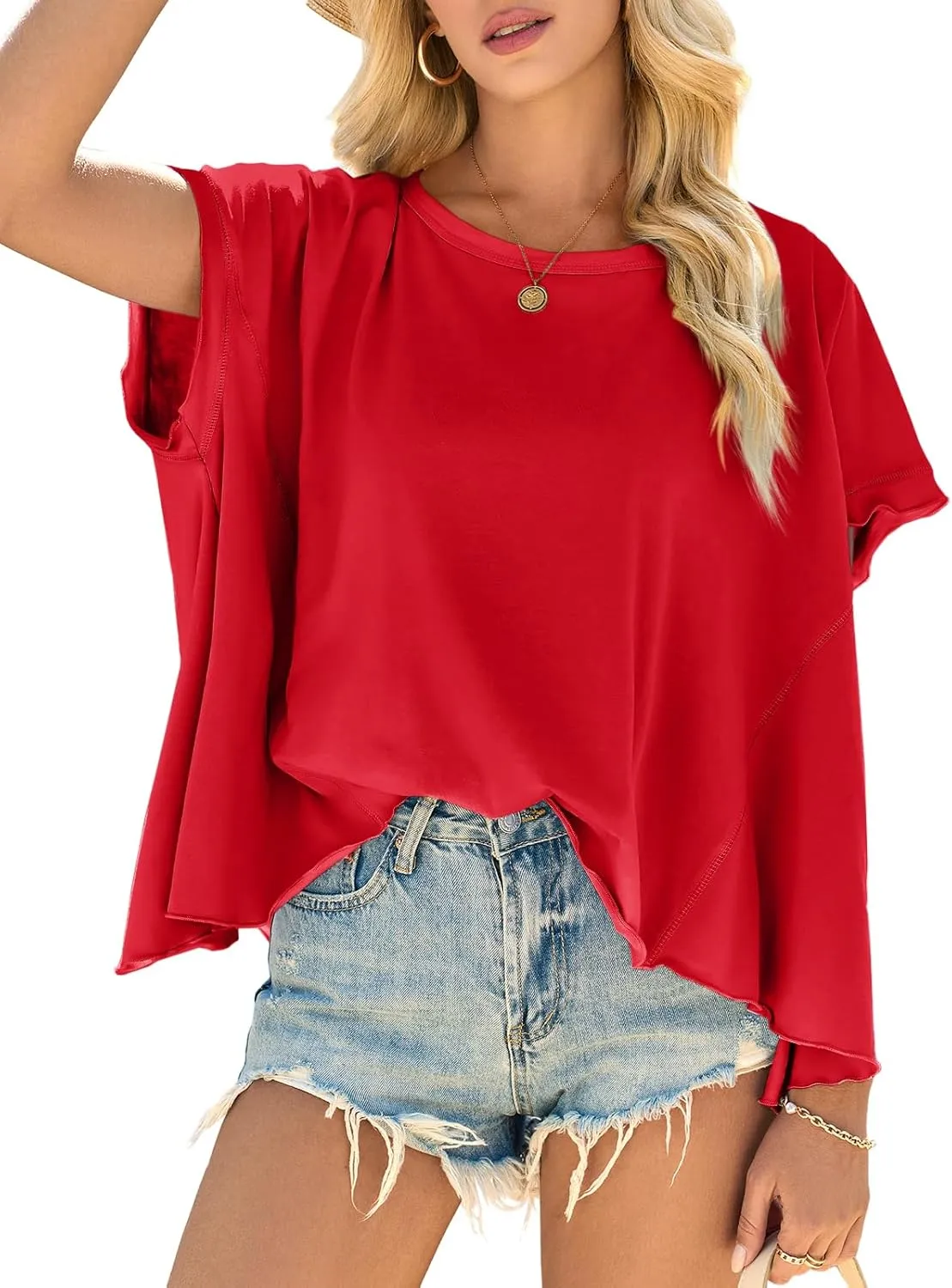 Cicy Bell Women Oversized Batwing Short Sleeve Tops Summer Irregular Hem Casual T Shirts Loose Fit Tees
