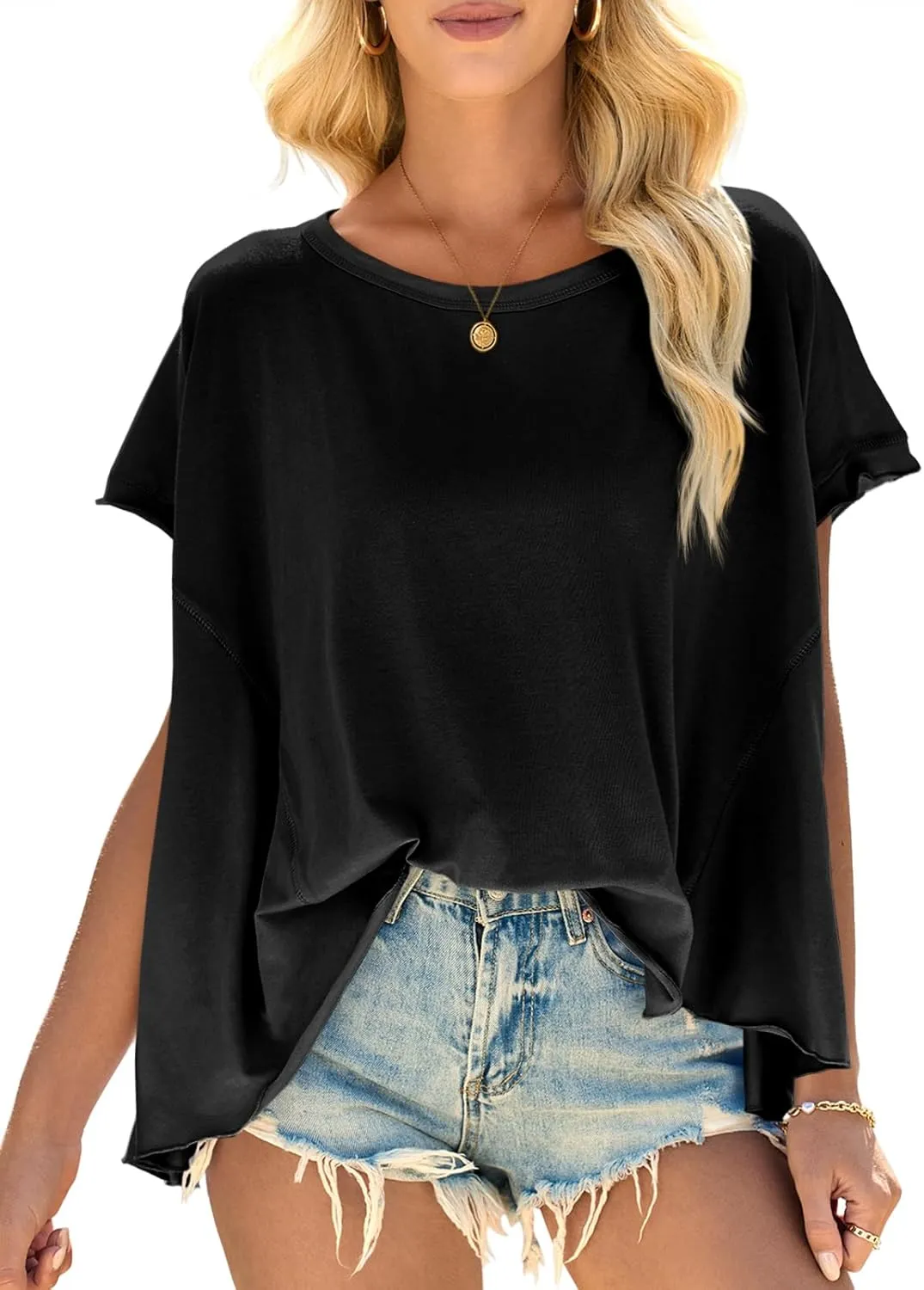 Cicy Bell Women Oversized Batwing Short Sleeve Tops Summer Irregular Hem Casual T Shirts Loose Fit Tees