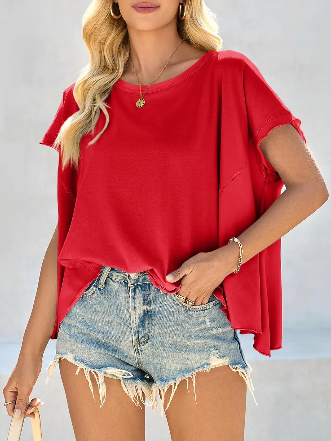 Cicy Bell Women Oversized Batwing Short Sleeve Tops Summer Irregular Hem Casual T Shirts Loose Fit Tees
