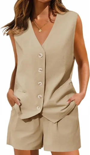 Cicy Bell Womens Summer Blazer Vest 2 Piece Sets V Neck Sleeveless Button Down Waistcoat and High Waisted Work Suit Short Set