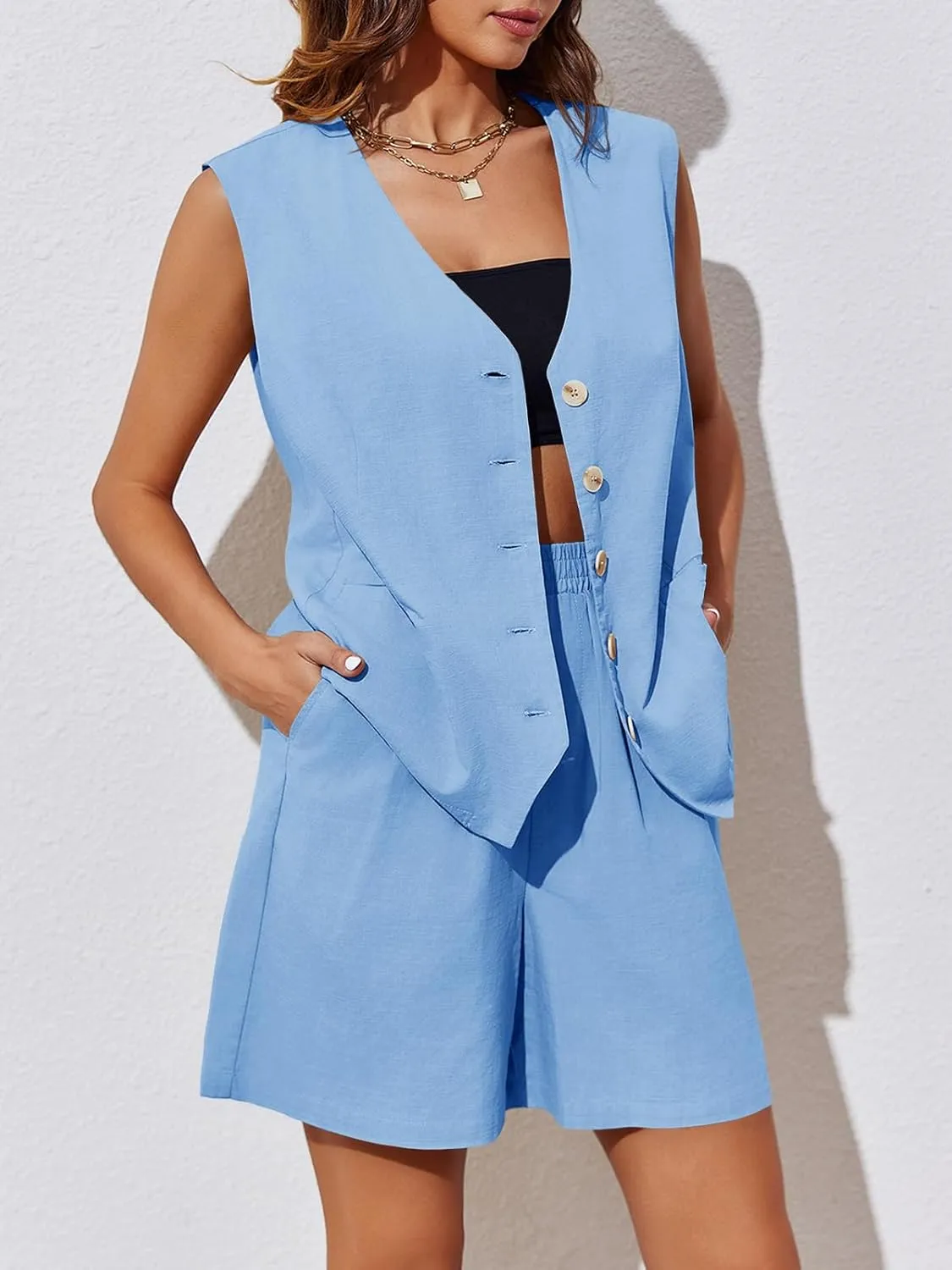 Cicy Bell Womens Summer Blazer Vest 2 Piece Sets V Neck Sleeveless Button Down Waistcoat and High Waisted Work Suit Short Set