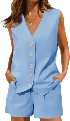Cicy Bell Womens Summer Blazer Vest 2 Piece Sets V Neck Sleeveless Button Down Waistcoat and High Waisted Work Suit Short Set