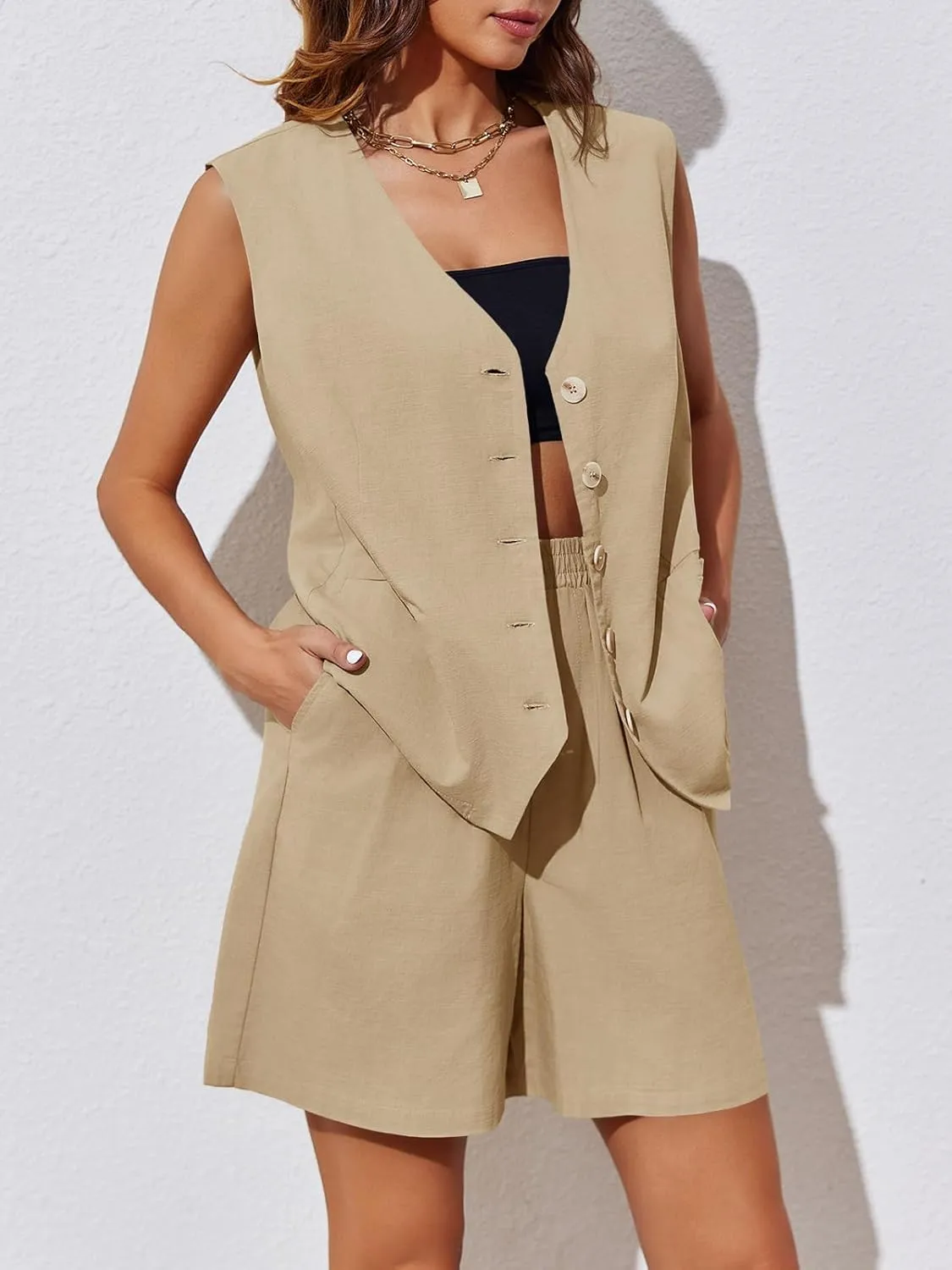 Cicy Bell Womens Summer Blazer Vest 2 Piece Sets V Neck Sleeveless Button Down Waistcoat and High Waisted Work Suit Short Set