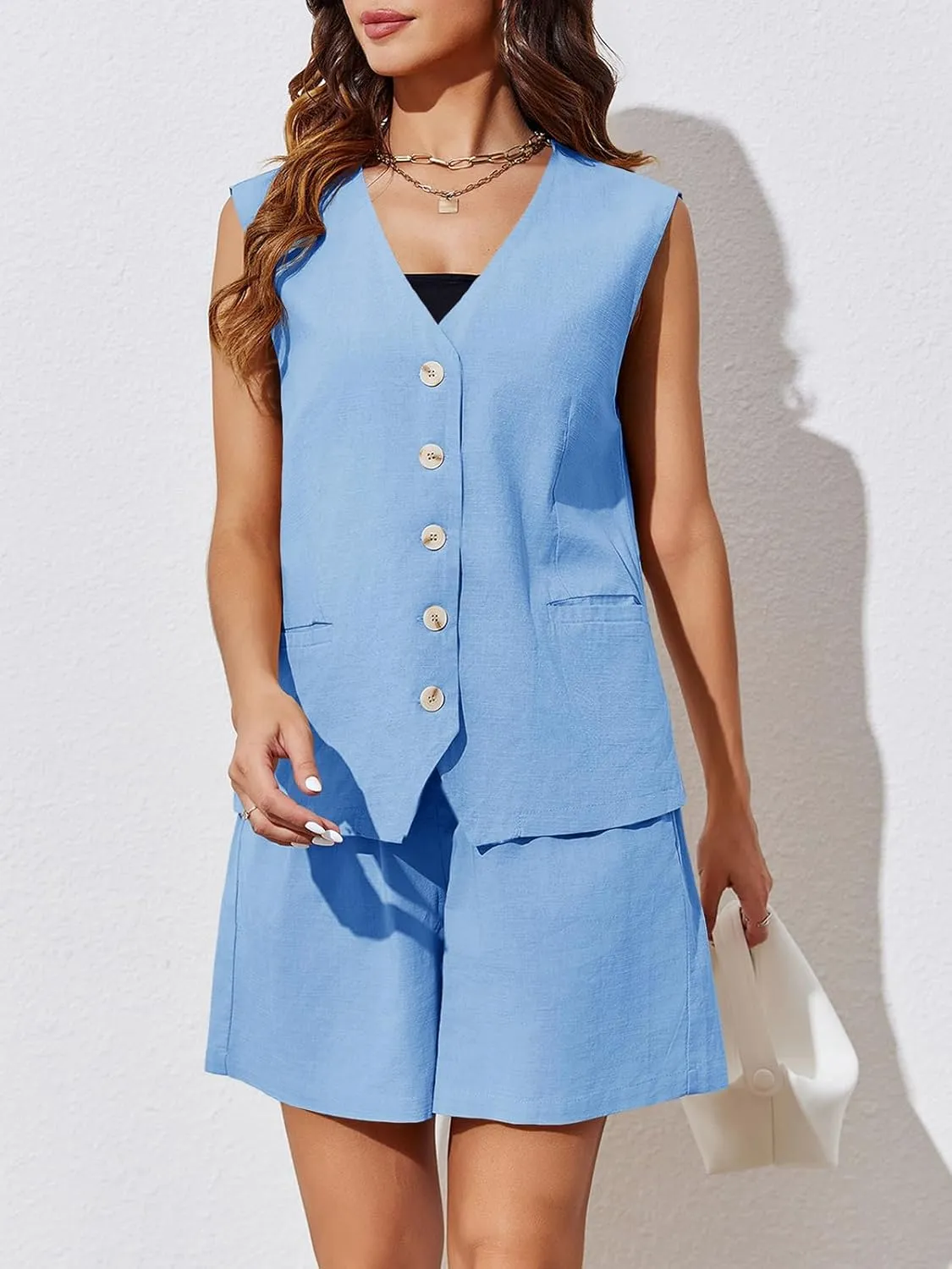 Cicy Bell Womens Summer Blazer Vest 2 Piece Sets V Neck Sleeveless Button Down Waistcoat and High Waisted Work Suit Short Set