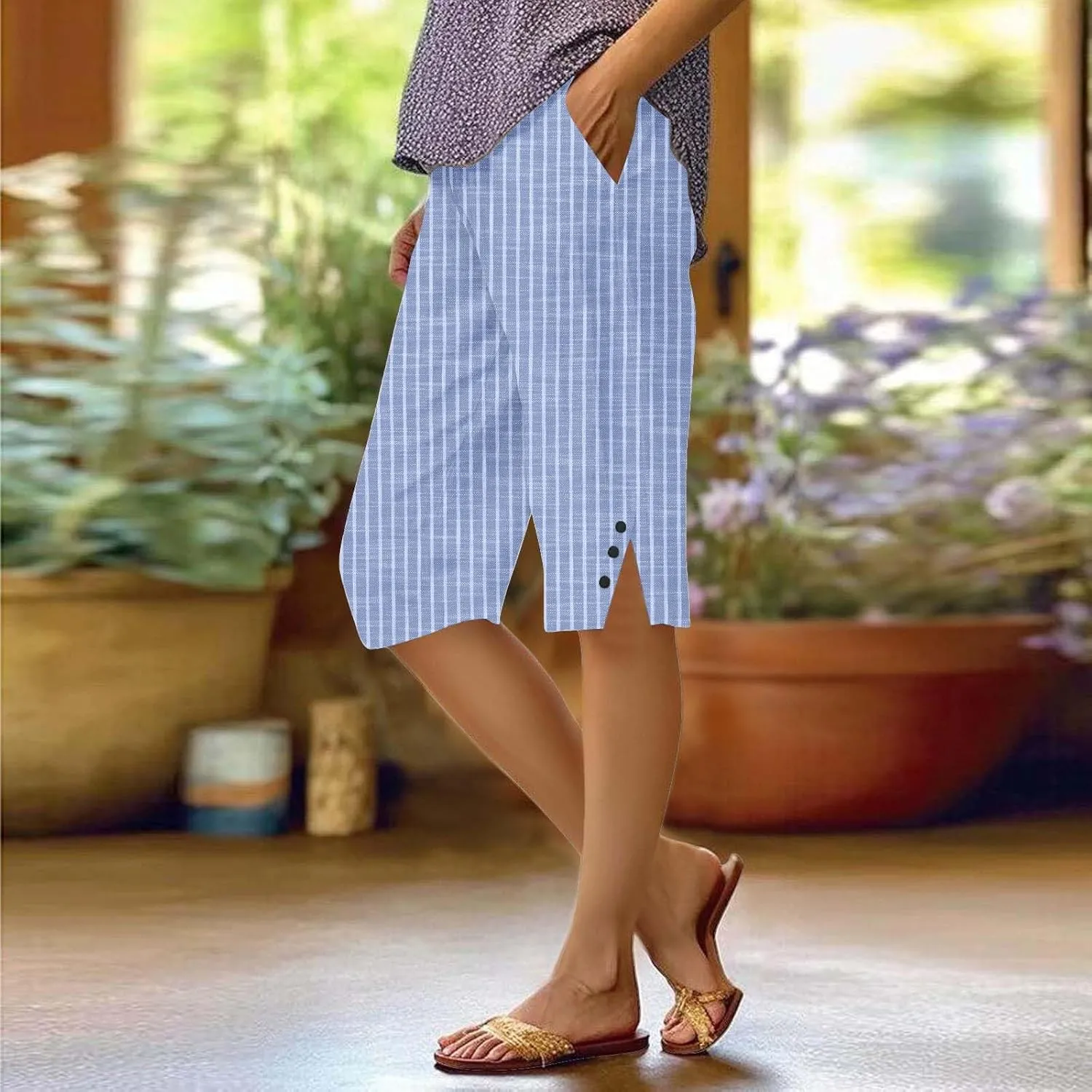 Cotton Linen Capri Pants for Women 2025 Knee Length Summer Capris Straight Leg Loose Beach Bermuda Shorts with Pocket